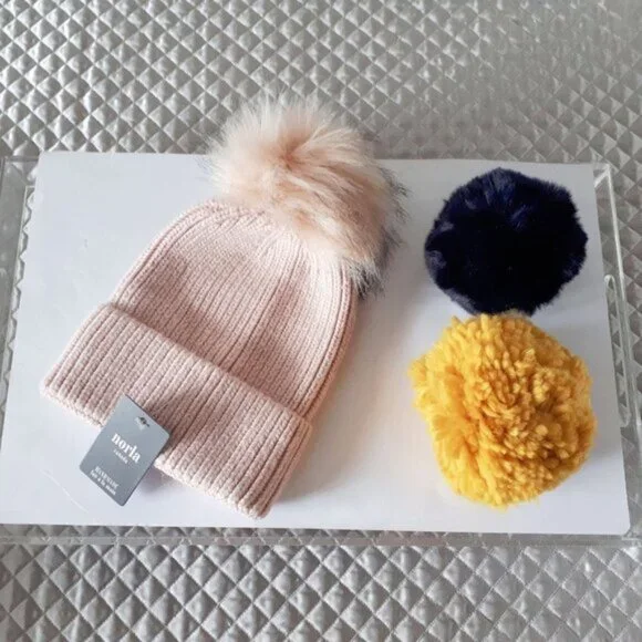 Norla light pink beanie hat toque 3 pom pom box set